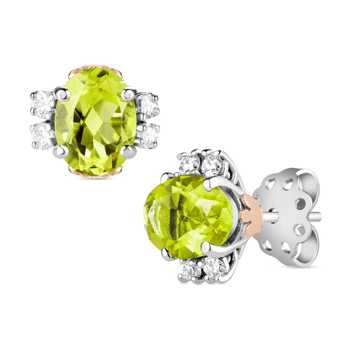 Orecchini in oro bianco, diamanti e peridoto