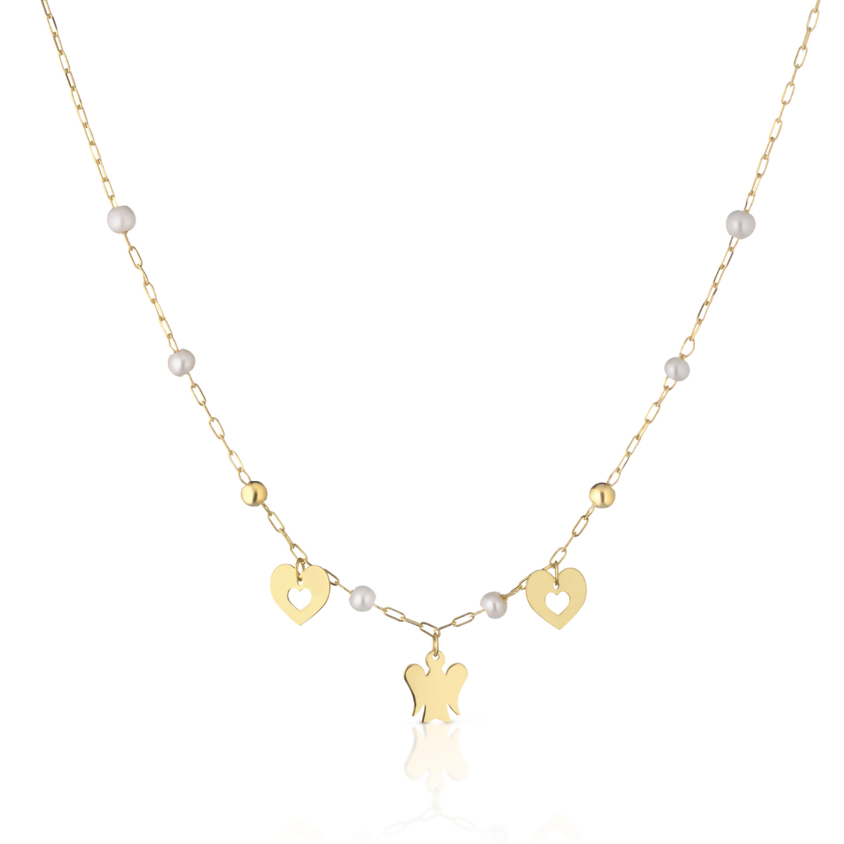Collana oro con perle, cuori e angelo