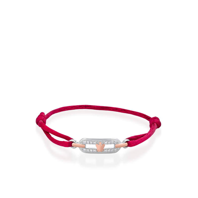 Bracciale con cordino bordeaux, zirconi e Angelo rosato