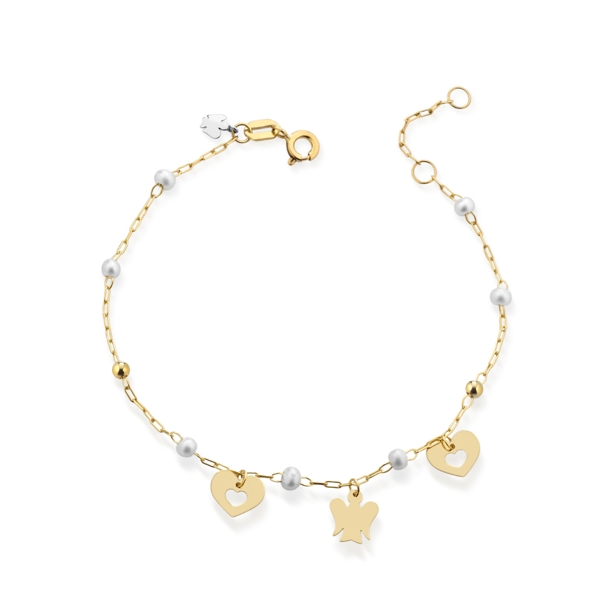 Bracciale oro con perle, cuori e angelo