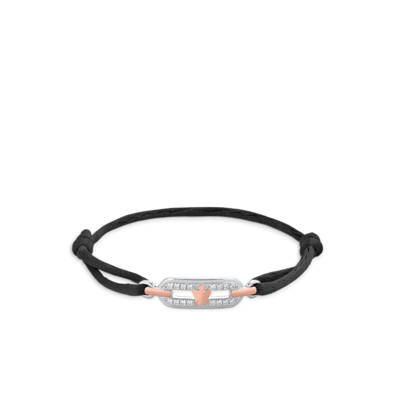 Bracciale con cordino nero, zirconi e Angelo rosato