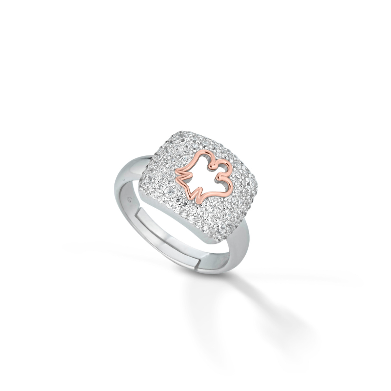 Anello da donna in argento con zirconi e Angelo rosato