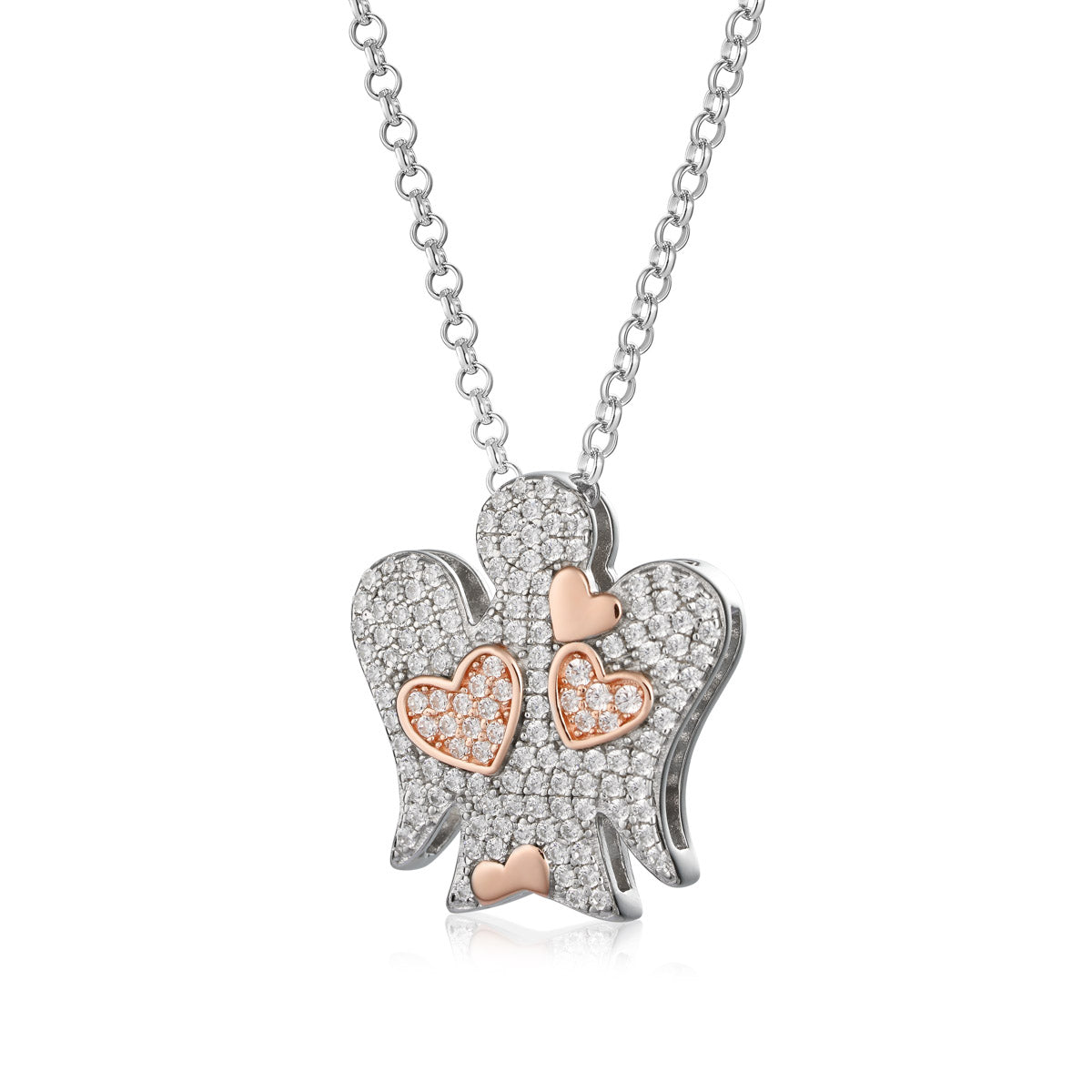 Collana in Argento con Angelo Cuori e Zirconi bianchi