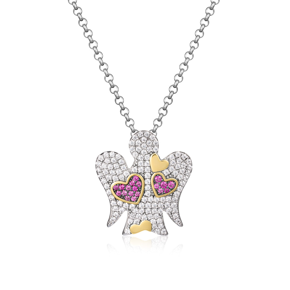 Collana in Argento con Angelo Cuori e Zirconi rossi