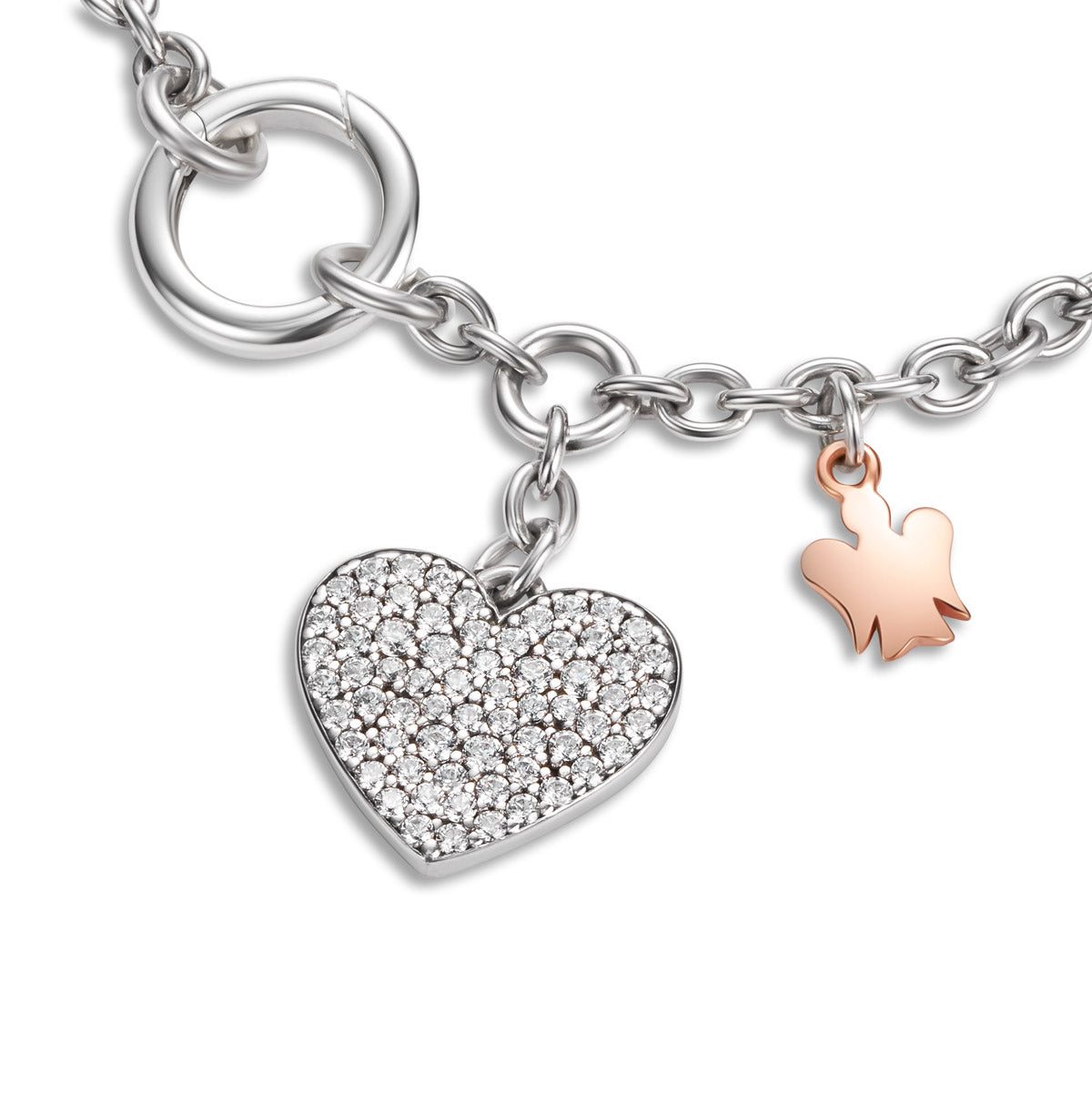 Bracciale con chiusura ad anello, cuore charm e angelo