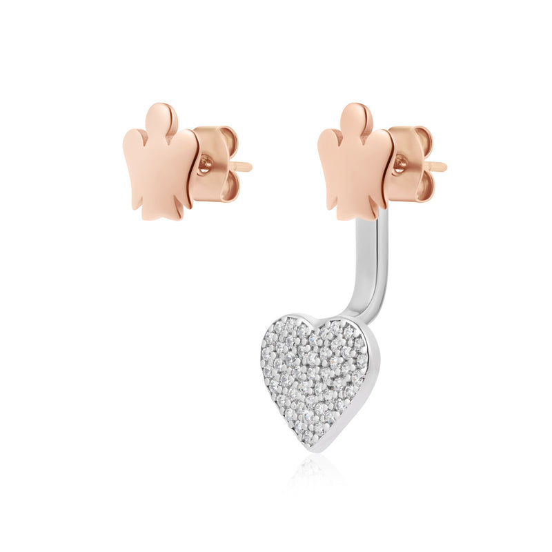 Earrings with pavé heart and angel in pink silver
