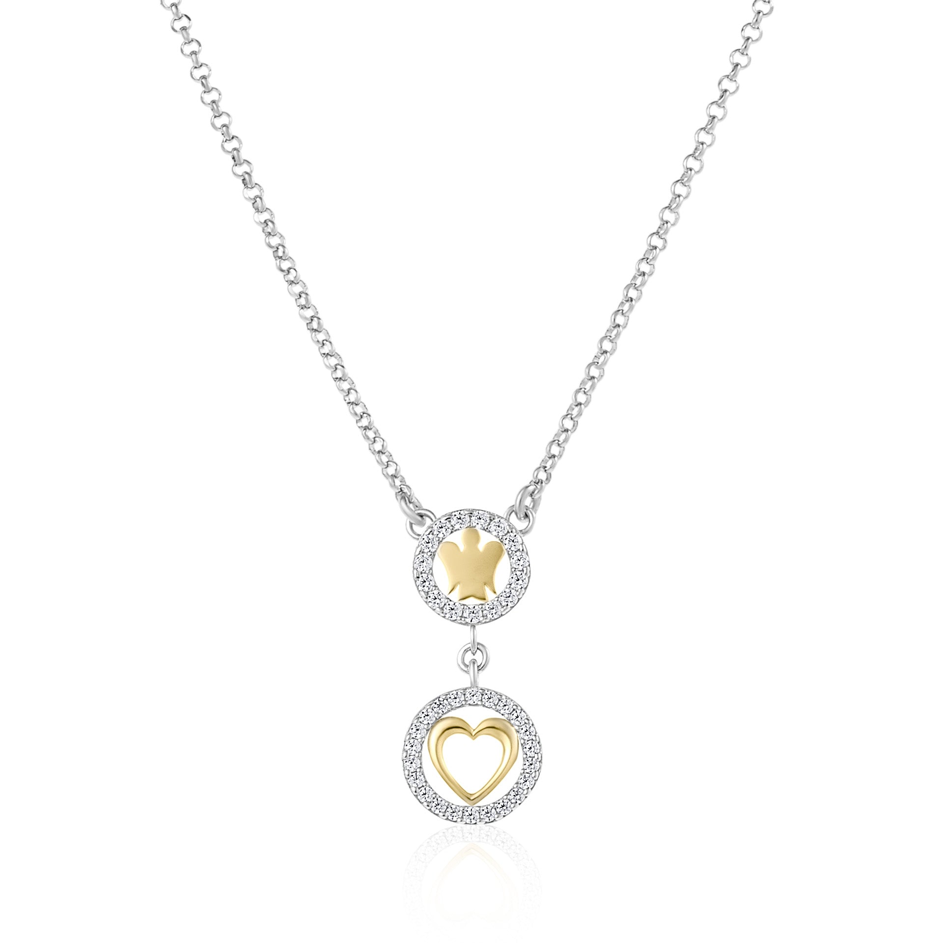 Collana con Angelo e Cuore in Argento Dorato e Zirconi