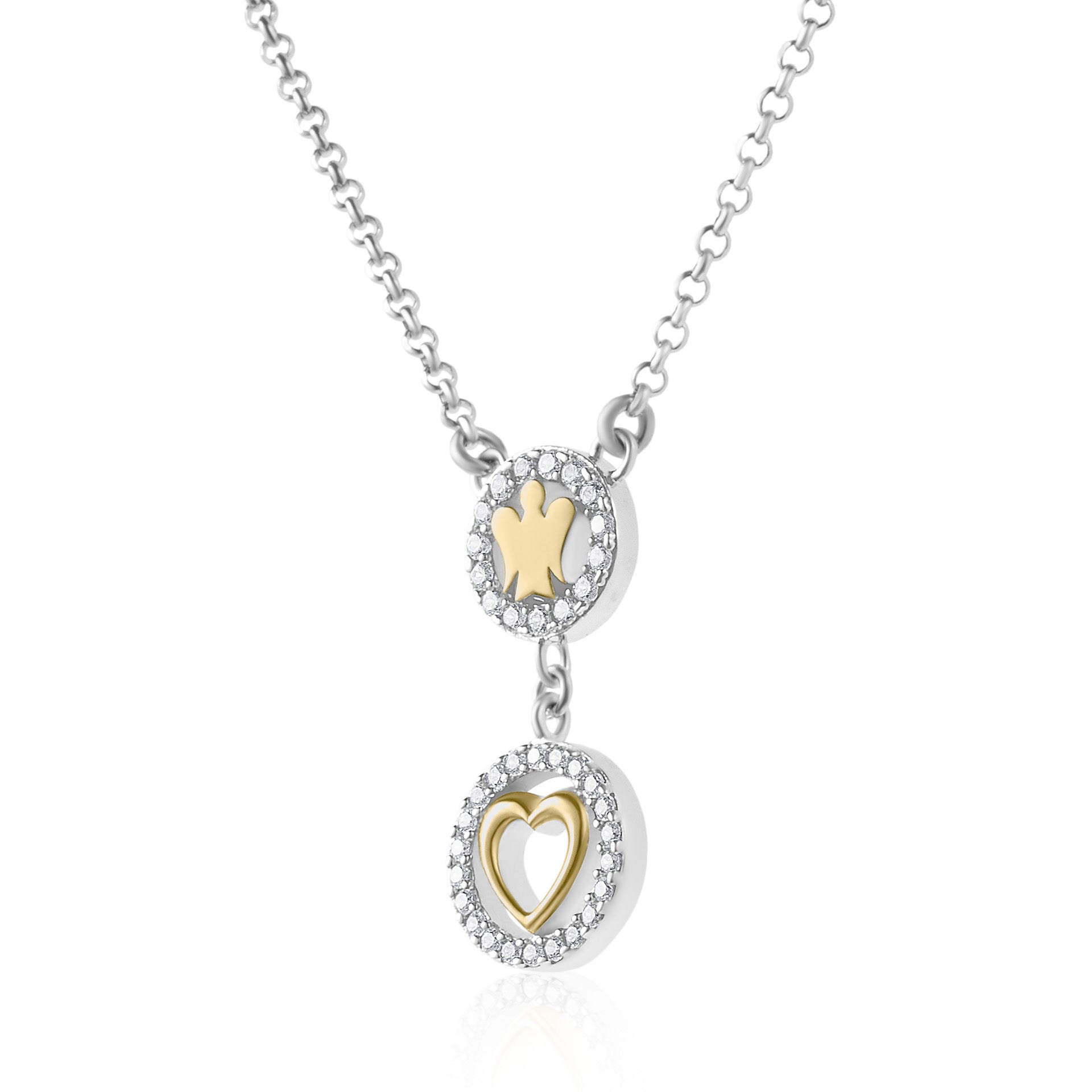 Collana con Angelo e Cuore in Argento Dorato e Zirconi