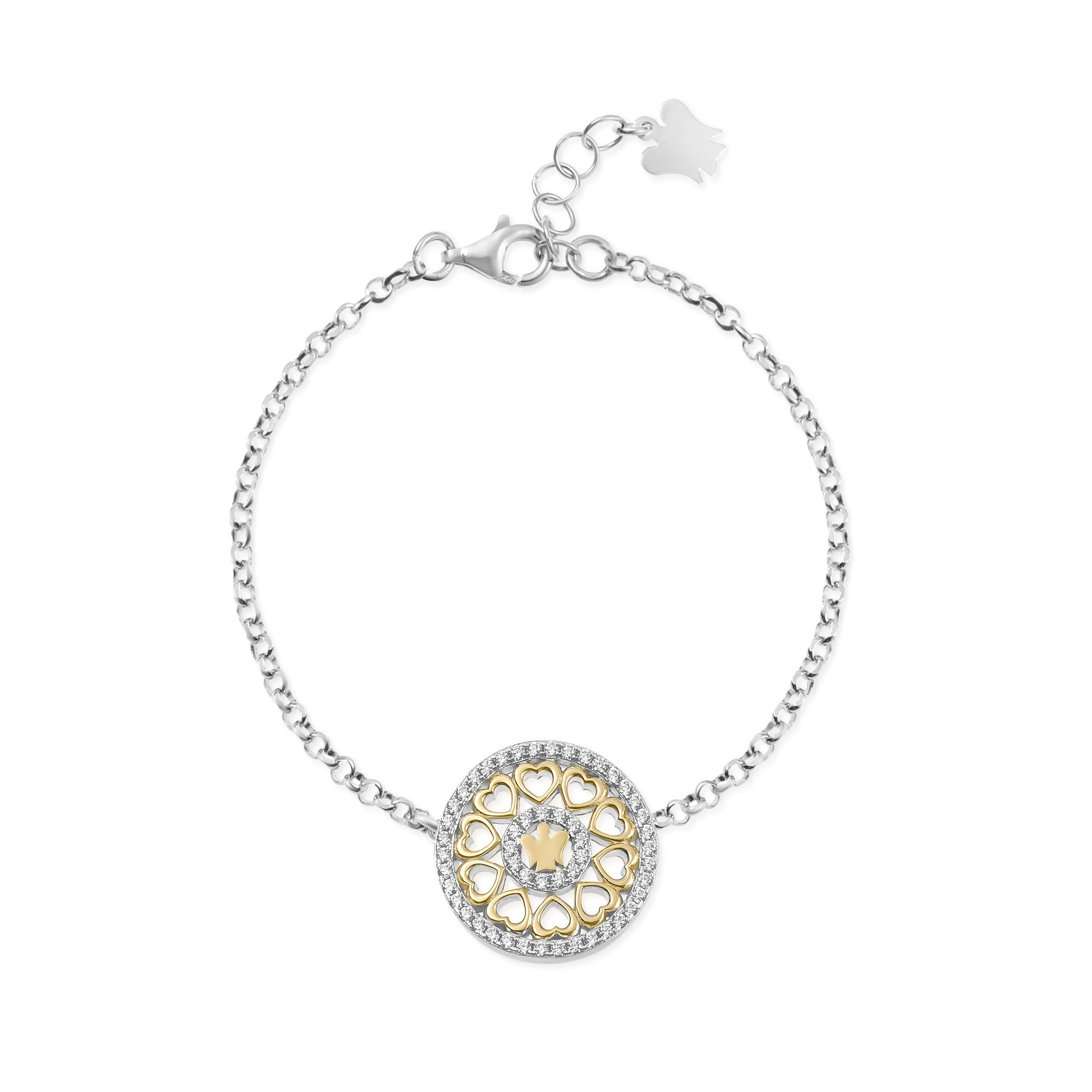 Bracciale con medaglia angelo, cuore dorato e zirconi