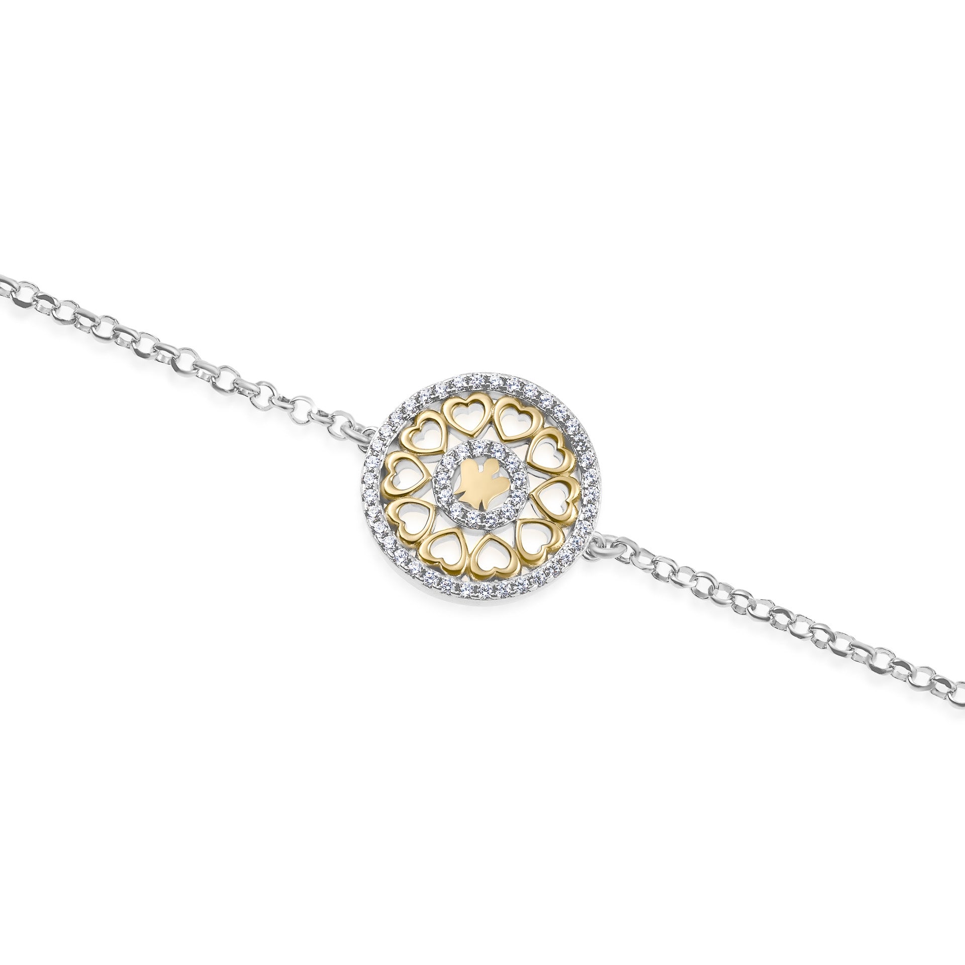 Bracciale con medaglia angelo, cuore dorato e zirconi