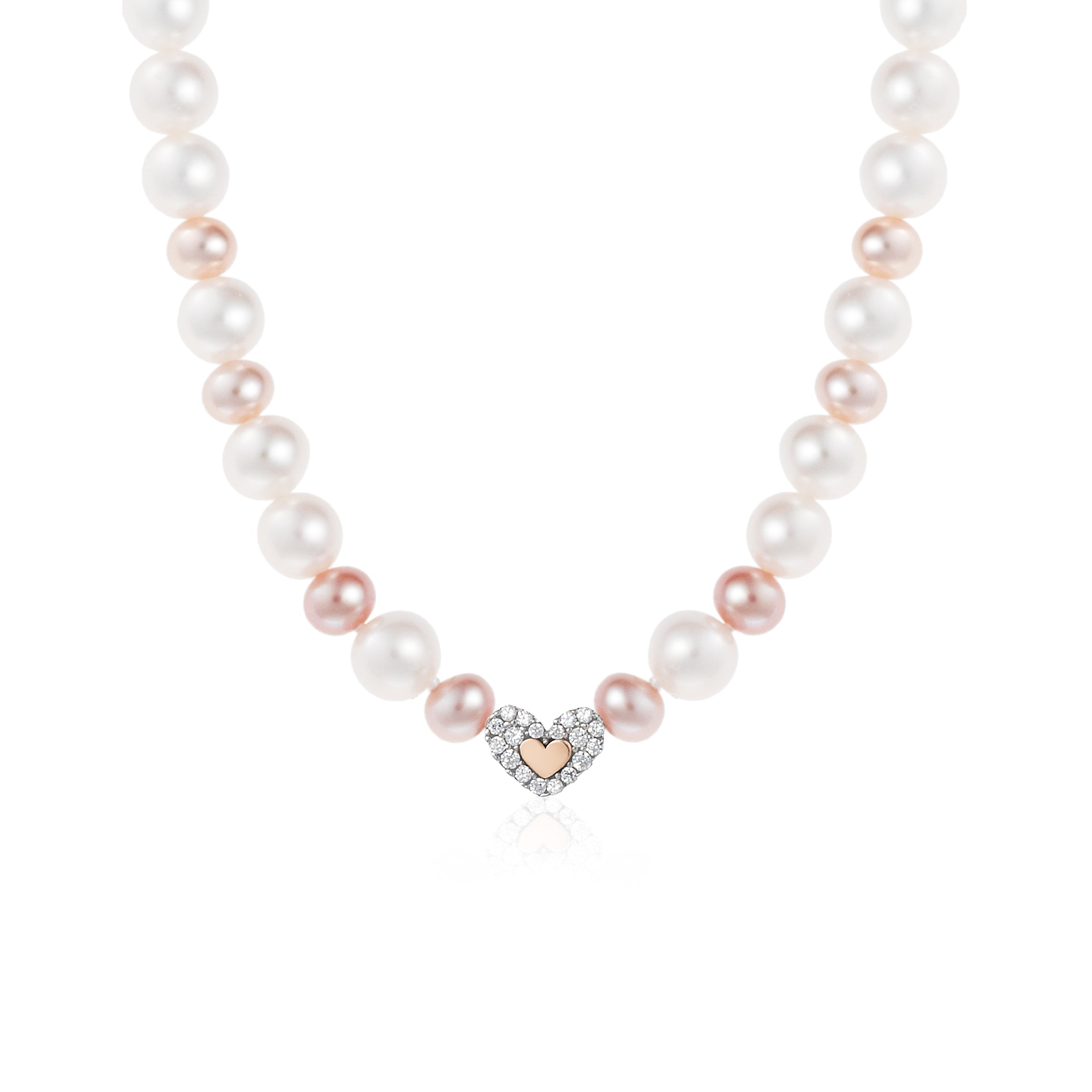Collana di Perle Bianche e Rosa con Cuore e Zirconi in Argento Rosato