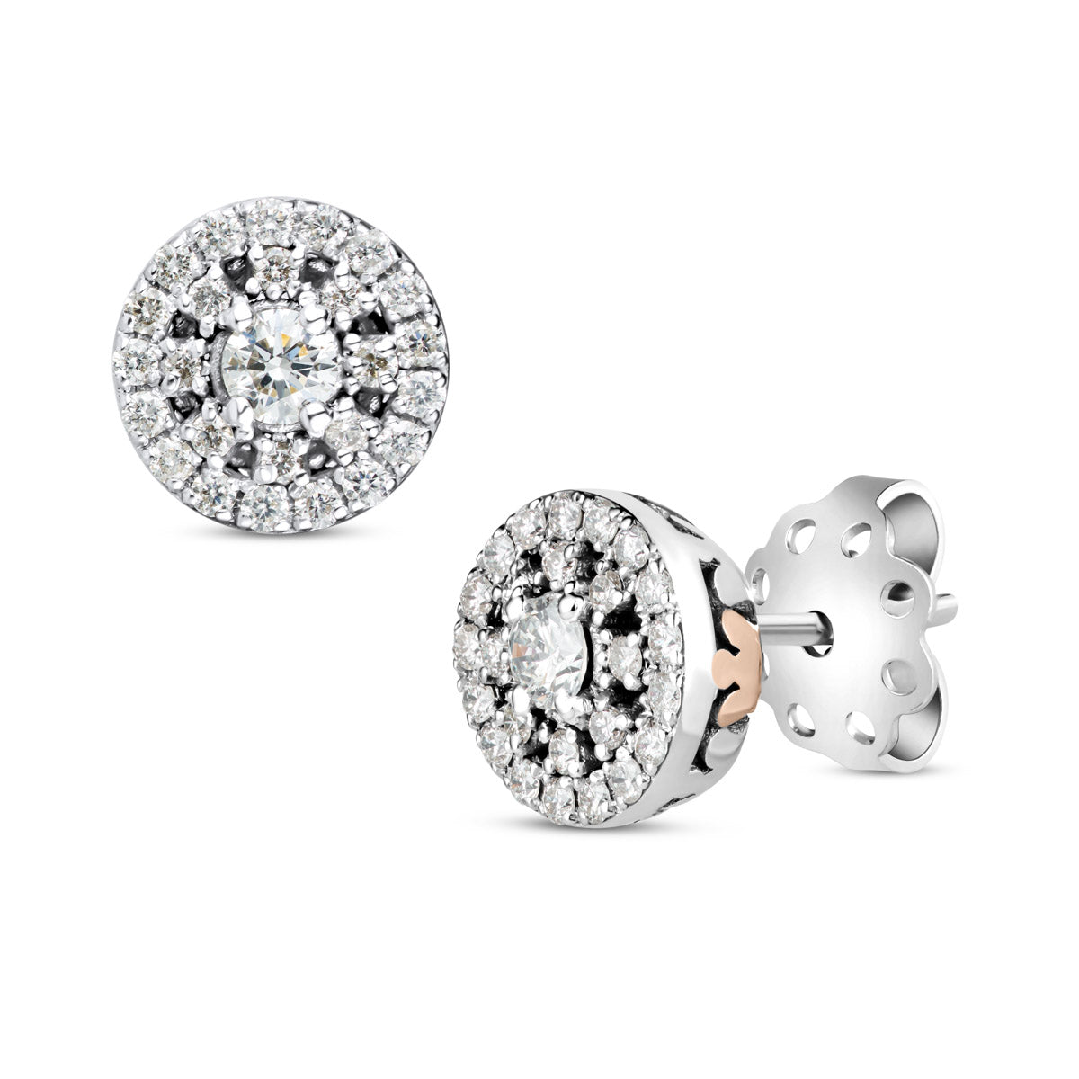 Orecchini in oro bianco con angelo in oro rosa e diamanti