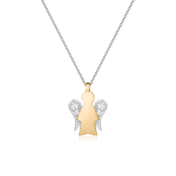 White Gold Necklace With Angel Pendant In White And Yellow Gold And Diamonds
