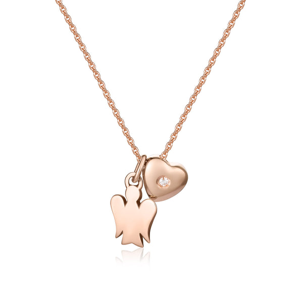 Rose gold necklace with angel and heart with diamond