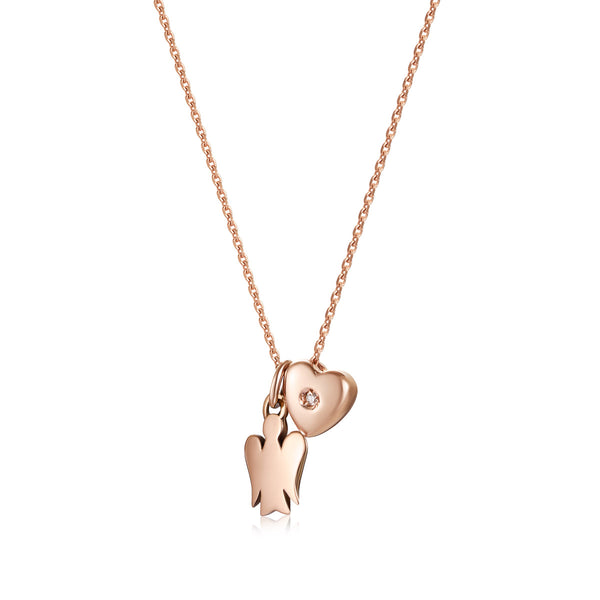 Rose gold necklace with angel and heart with diamond