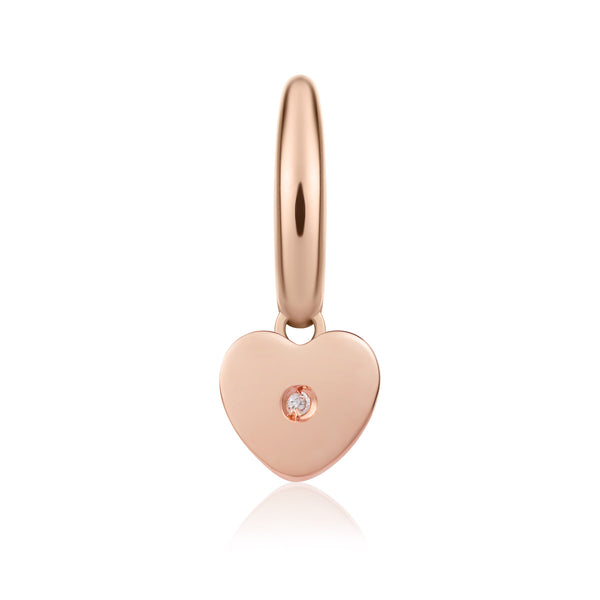 Rose gold single earring with heart charm and diamond