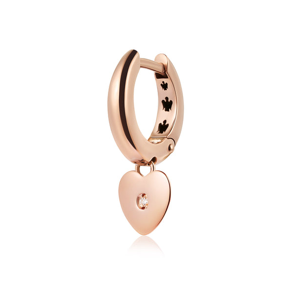 Rose gold single earring with heart charm and diamond