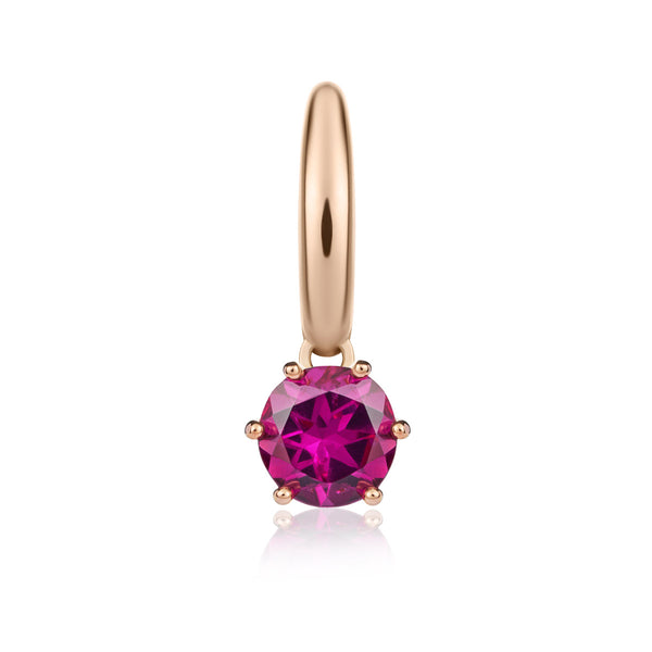 Rose gold single earring with rhodolite charm