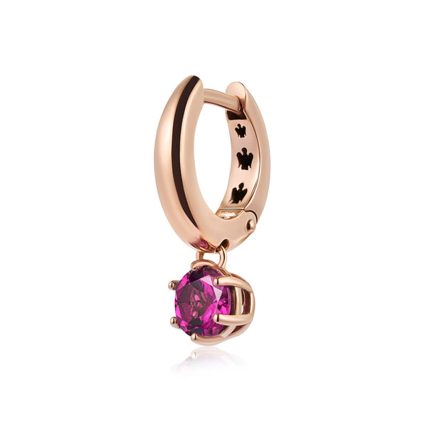 Rose gold single earring with rhodolite charm