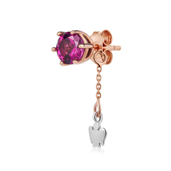 Rose gold single earring with rhodolite and pendant angel