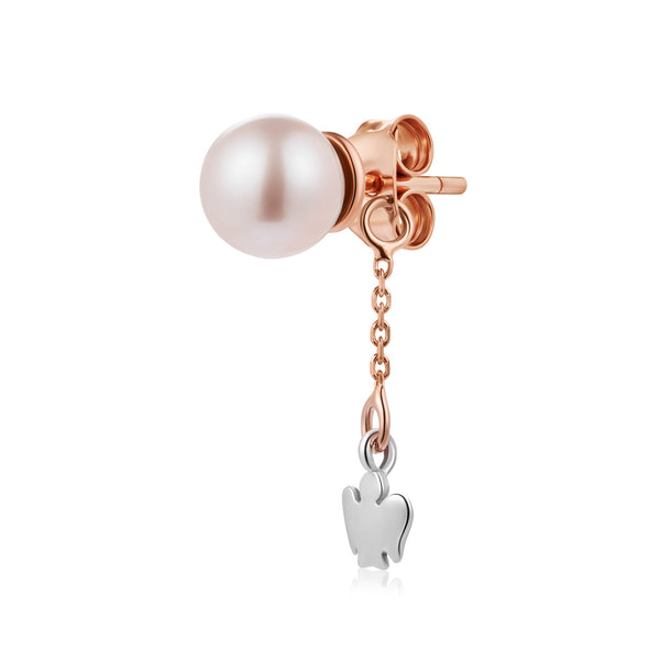 Rose gold single earring with pearl and pendant angel