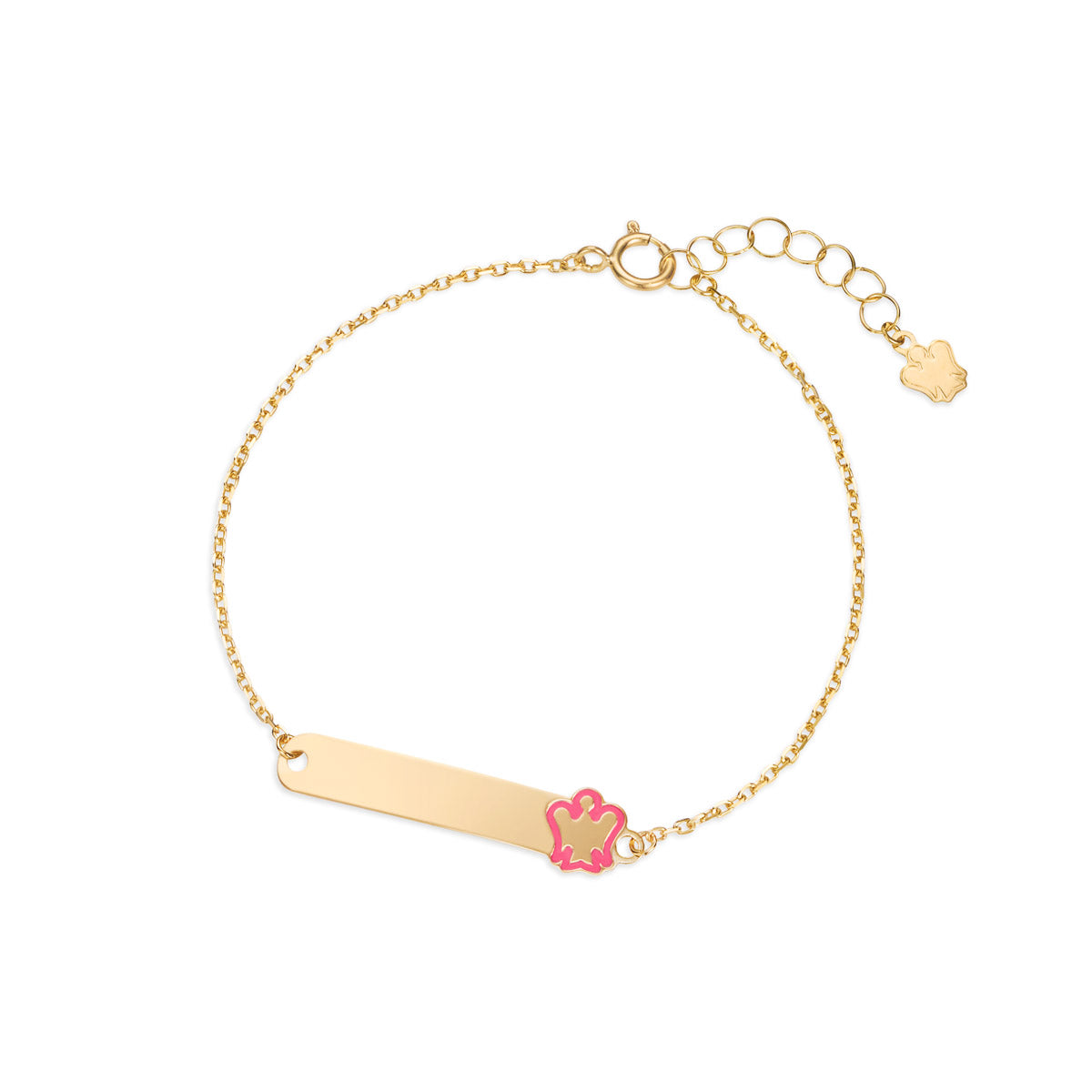 Bracciale oro bambina con targhetta e angelo rosa
