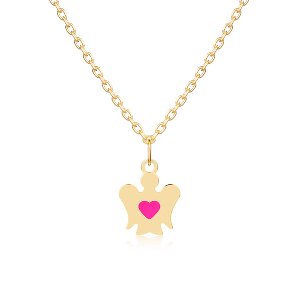 Gold necklace for girls with angel and pink heart