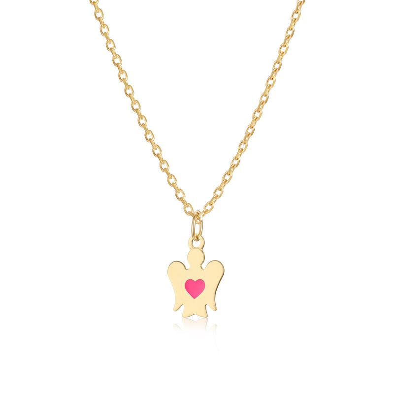 Gold necklace for girls with angel and pink heart