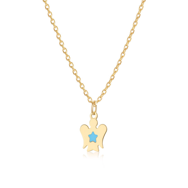 Gold child necklace with angel and blue star
