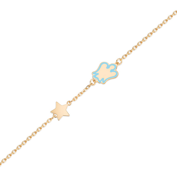 Gold child bracelet with blue angel and star