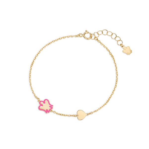 Gold bracelet for girls with pink angel and heart