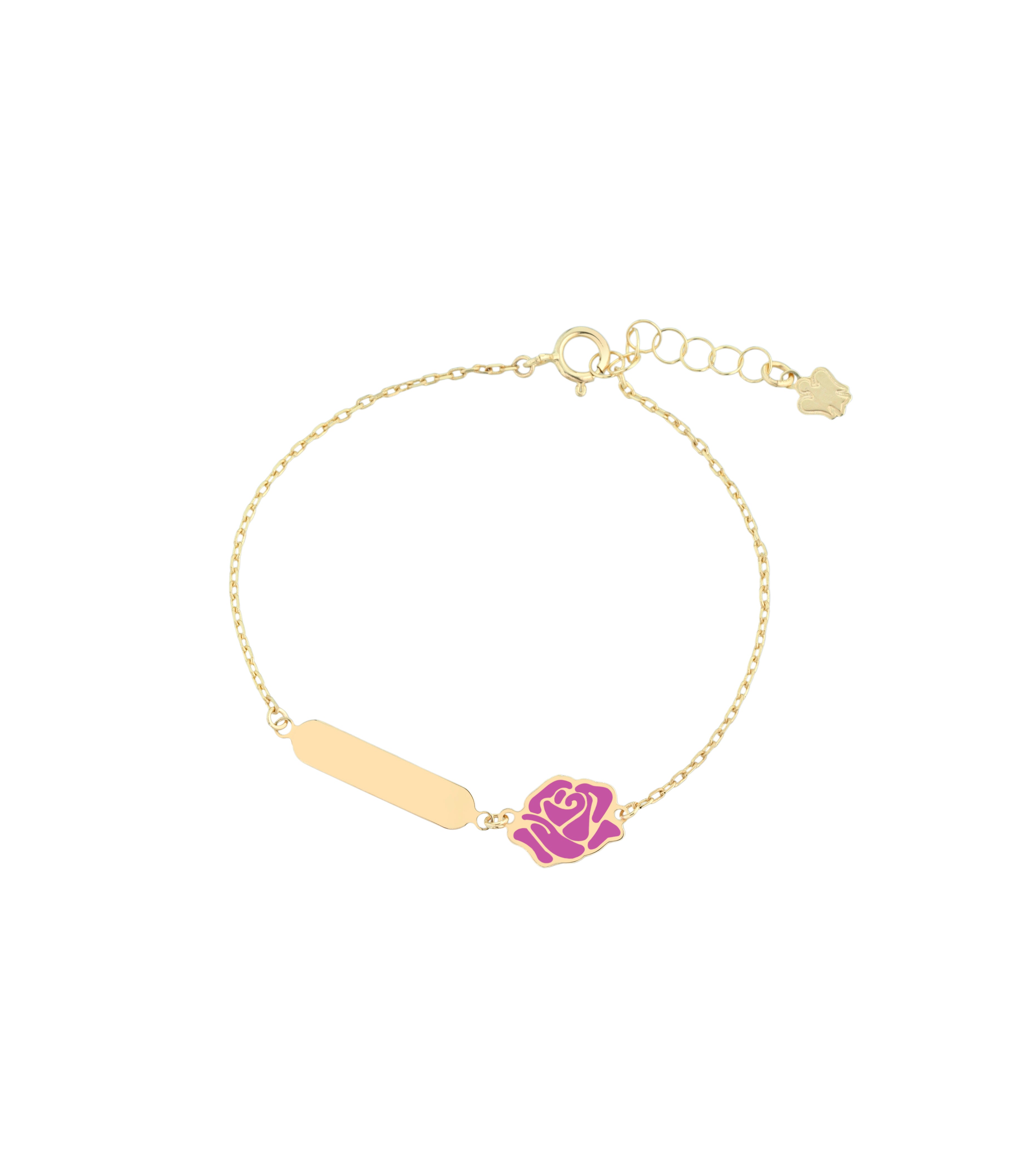 Bracciale oro bambina con targhetta e rosa