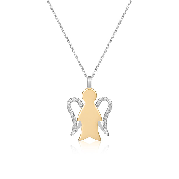 Necklace with angel in yellow gold and diamond wings