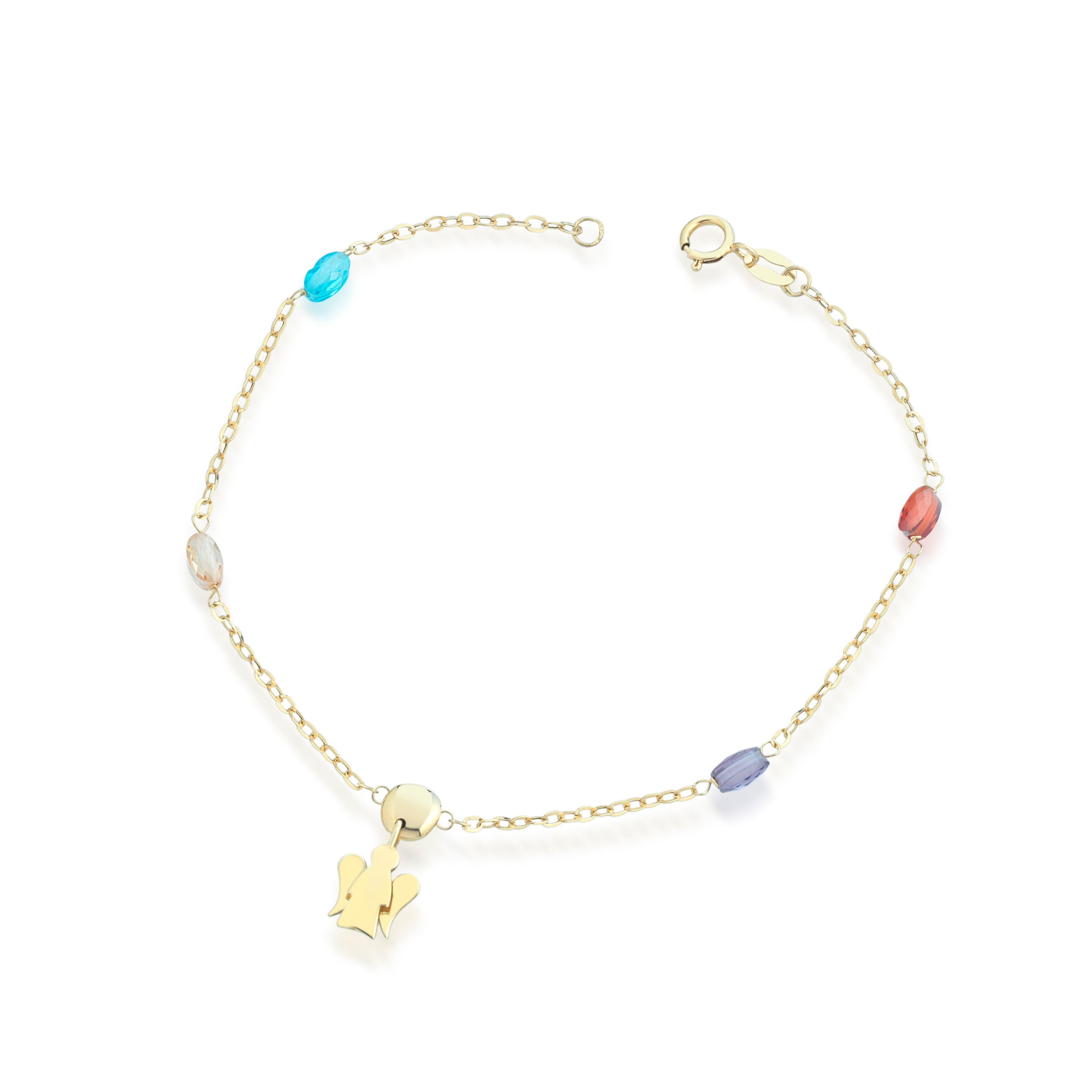 Bracciale in oro giallo con angelo e pietre colorate