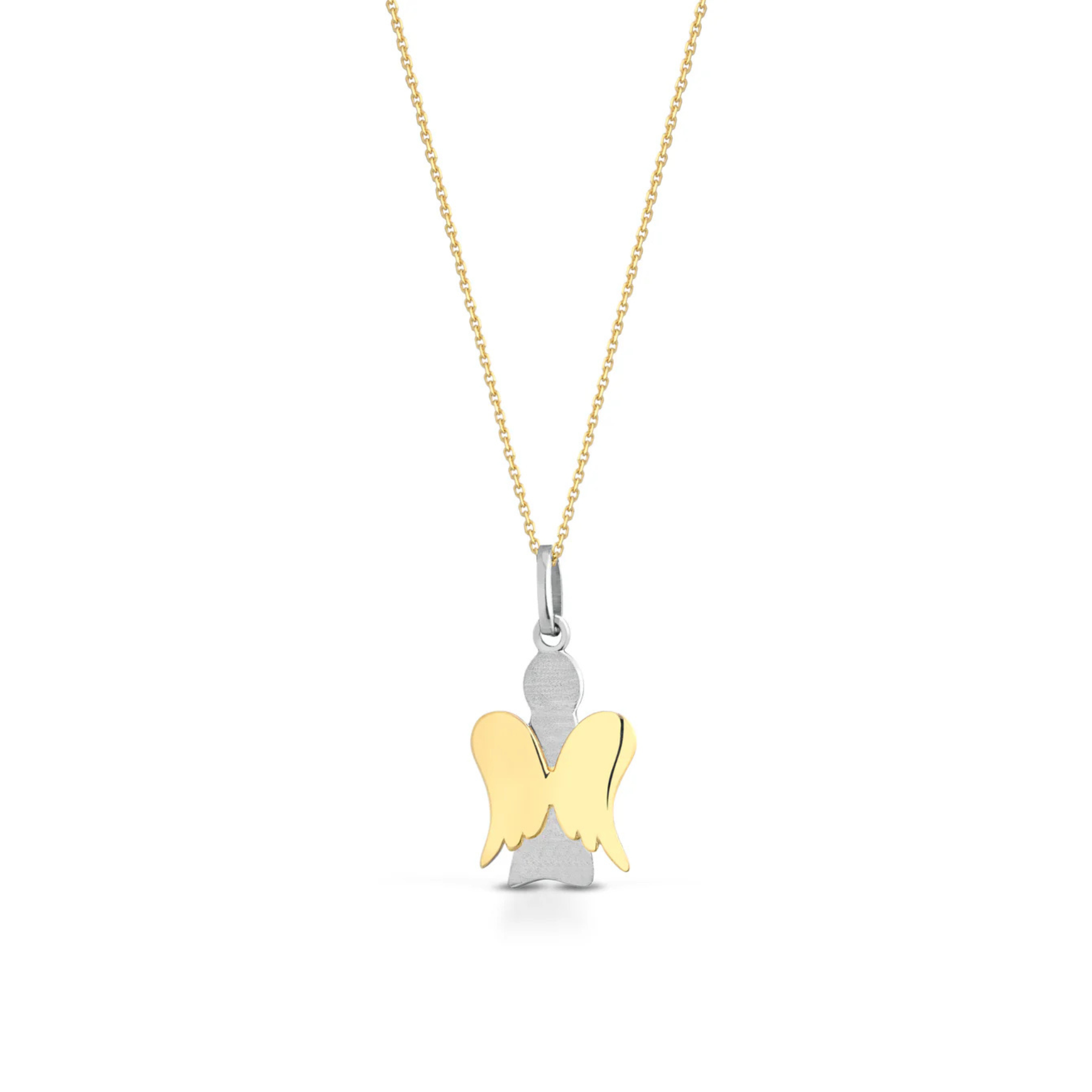 Collana con angelo in oro bianco e ali oro giallo