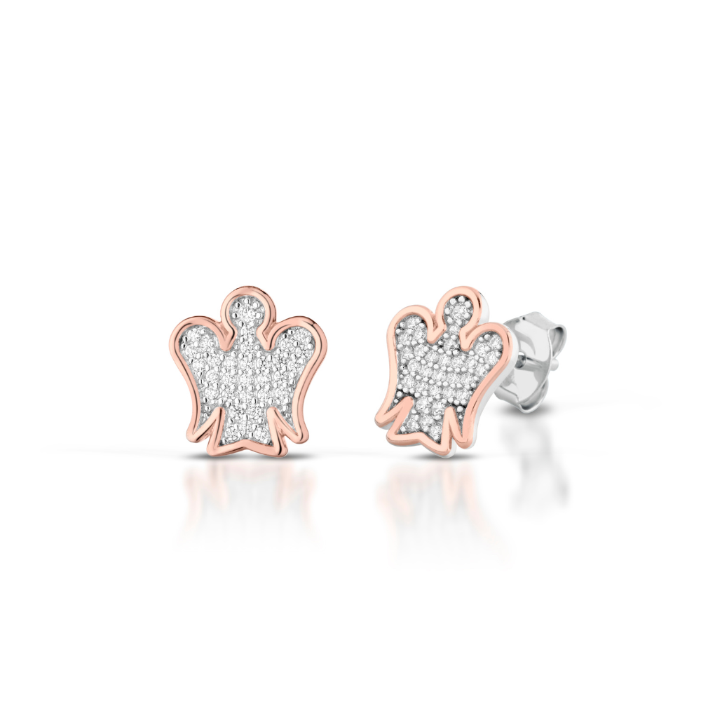 Orecchini con angelo argento rosato e zirconi