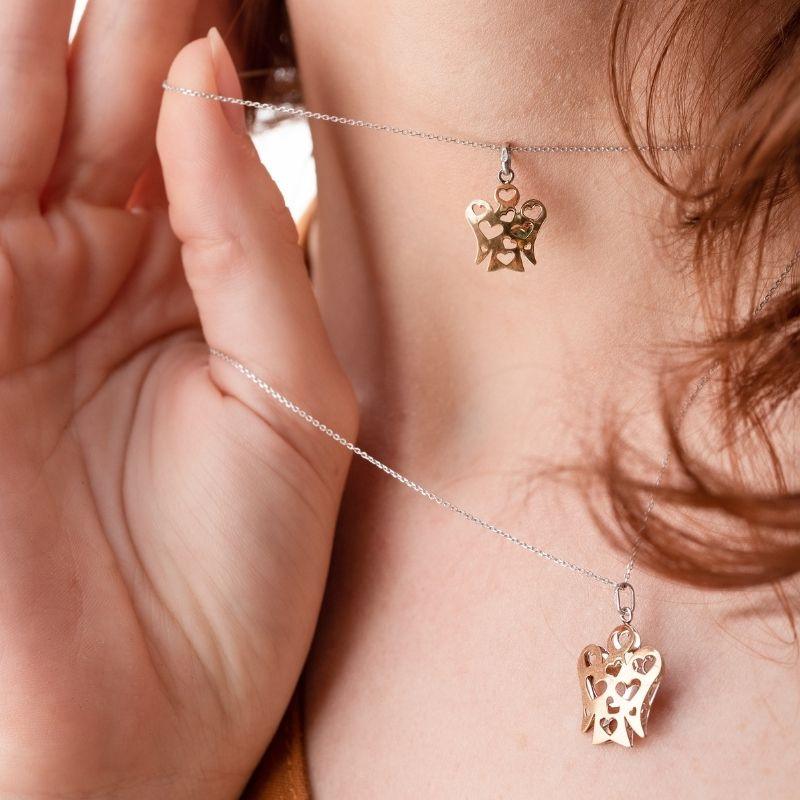 Collana Con Pendente Angelo con Cuori Double Face In Oro Bianco E Giallo - Roberto Giannotti