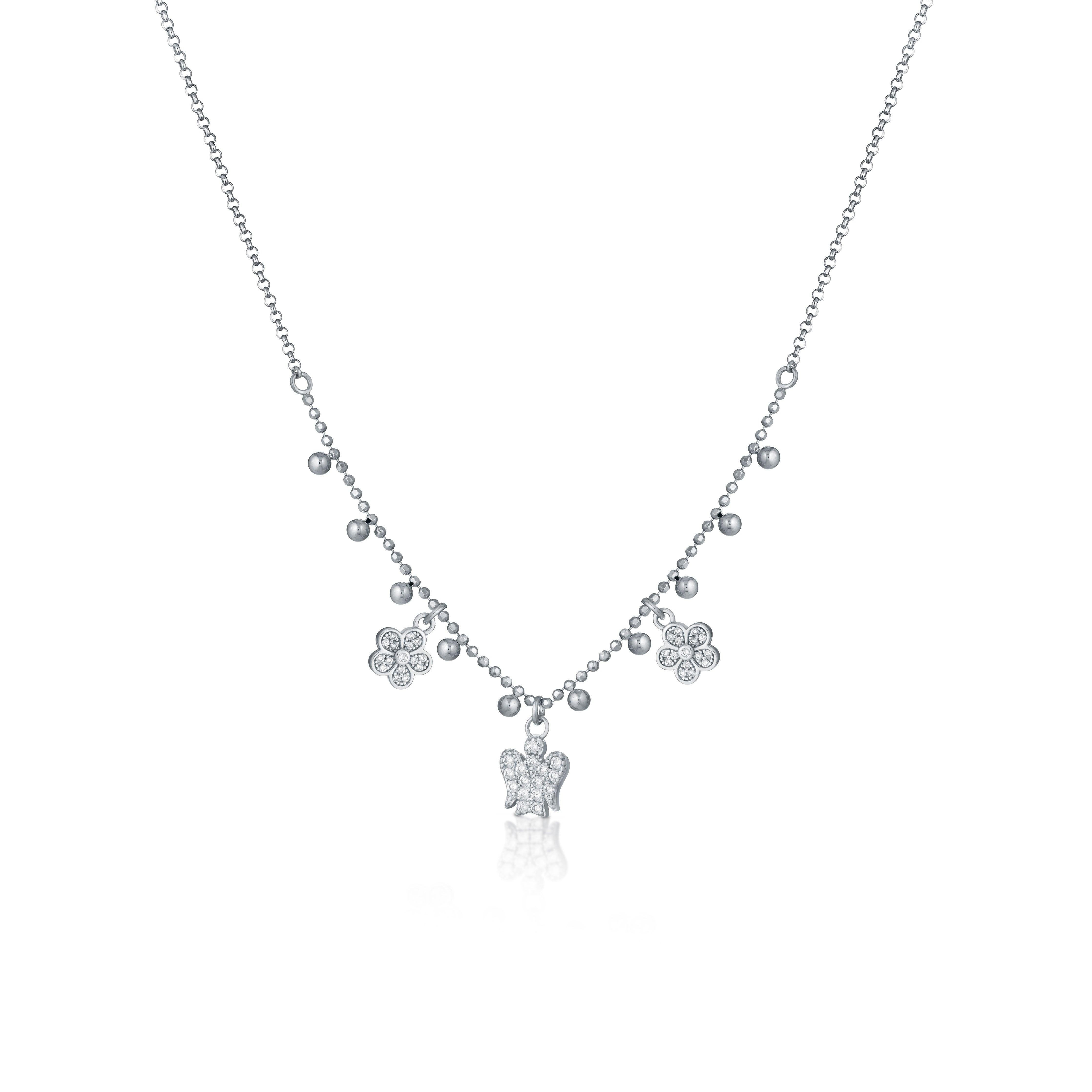 Collana Con Angelo E Fiori Charms In Argento E Zirconi - Roberto Giannotti