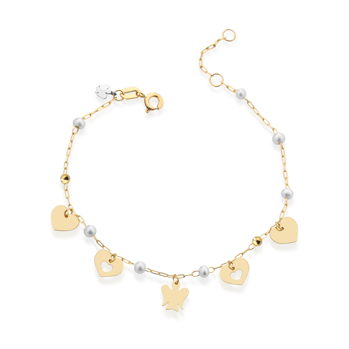 Bracciale in oro con perle, cuori e angelo