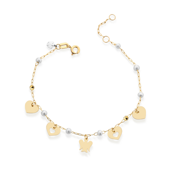 Bracciale in oro con perle, cuori e angelo