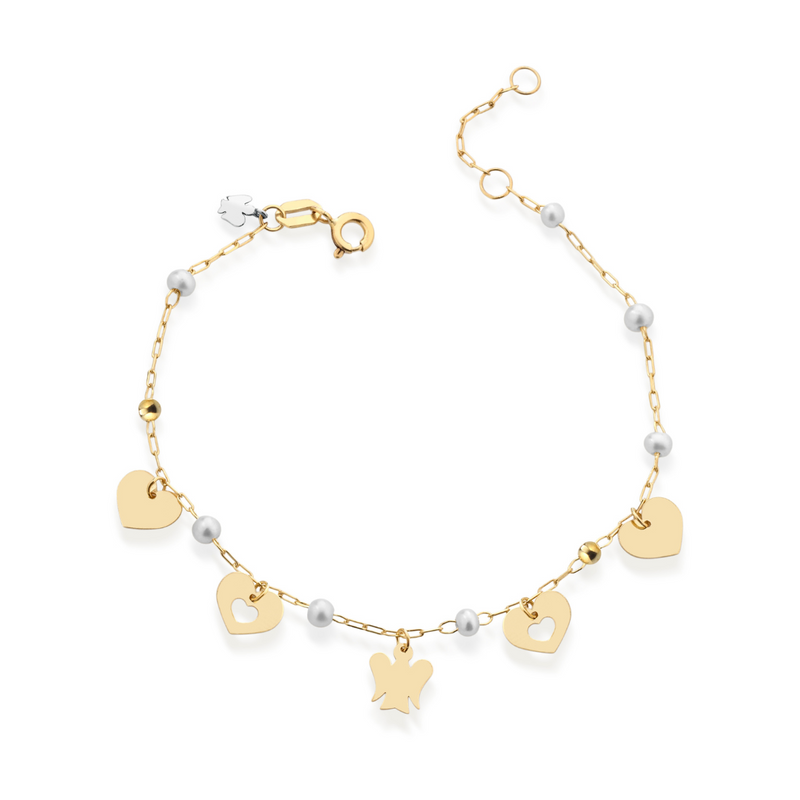 Bracciale in oro con perle, cuori e angelo