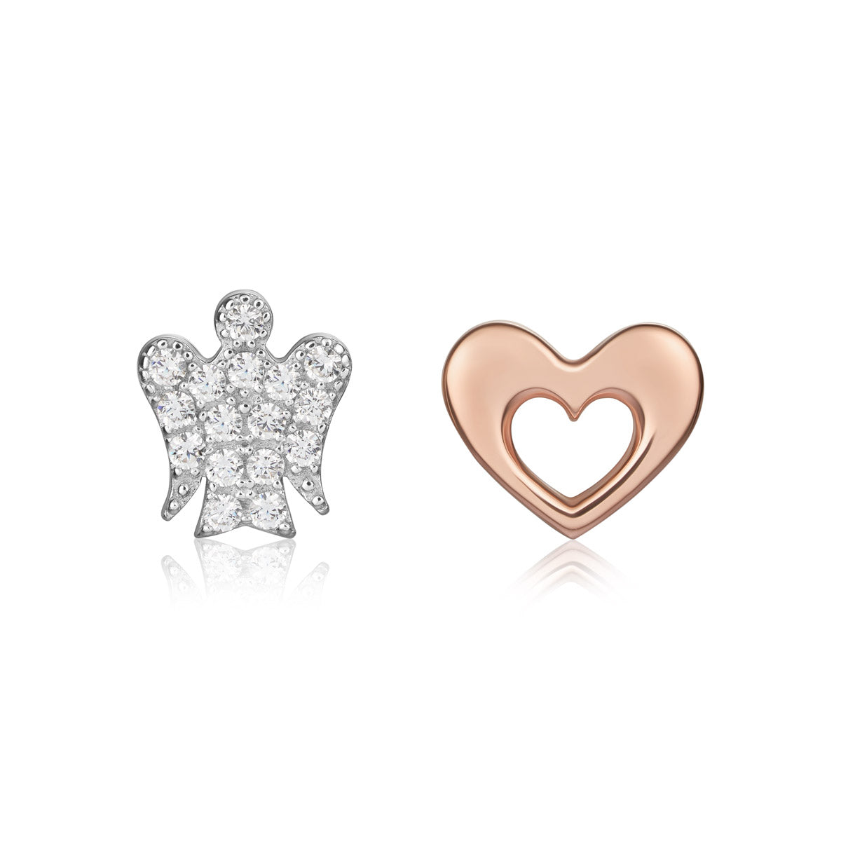 Orecchini Con Angelo pavé e Cuore in argento rosato