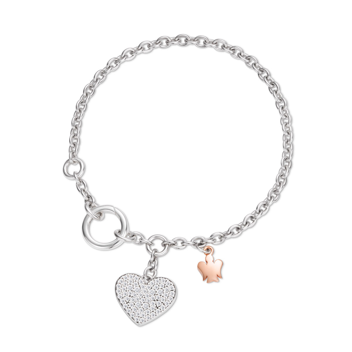 Bracciale con chiusura ad anello, cuore charm e angelo