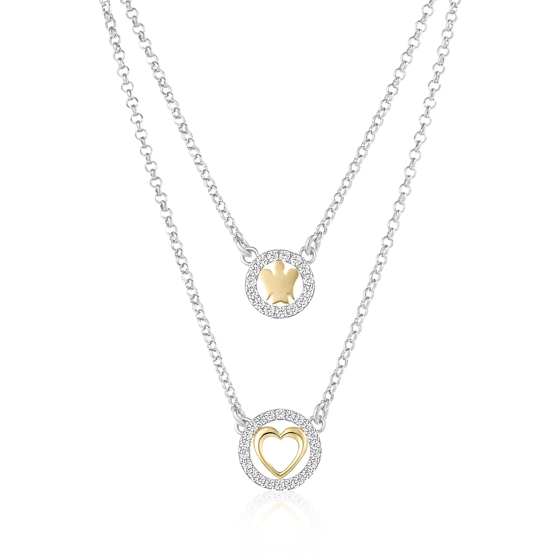 Collana doppia catena con angelo, cuore e zirconi