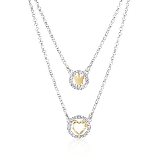 Collana doppia catena con angelo, cuore e zirconi