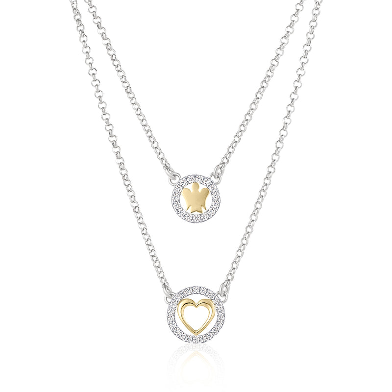 Collana doppia catena con angelo, cuore e zirconi