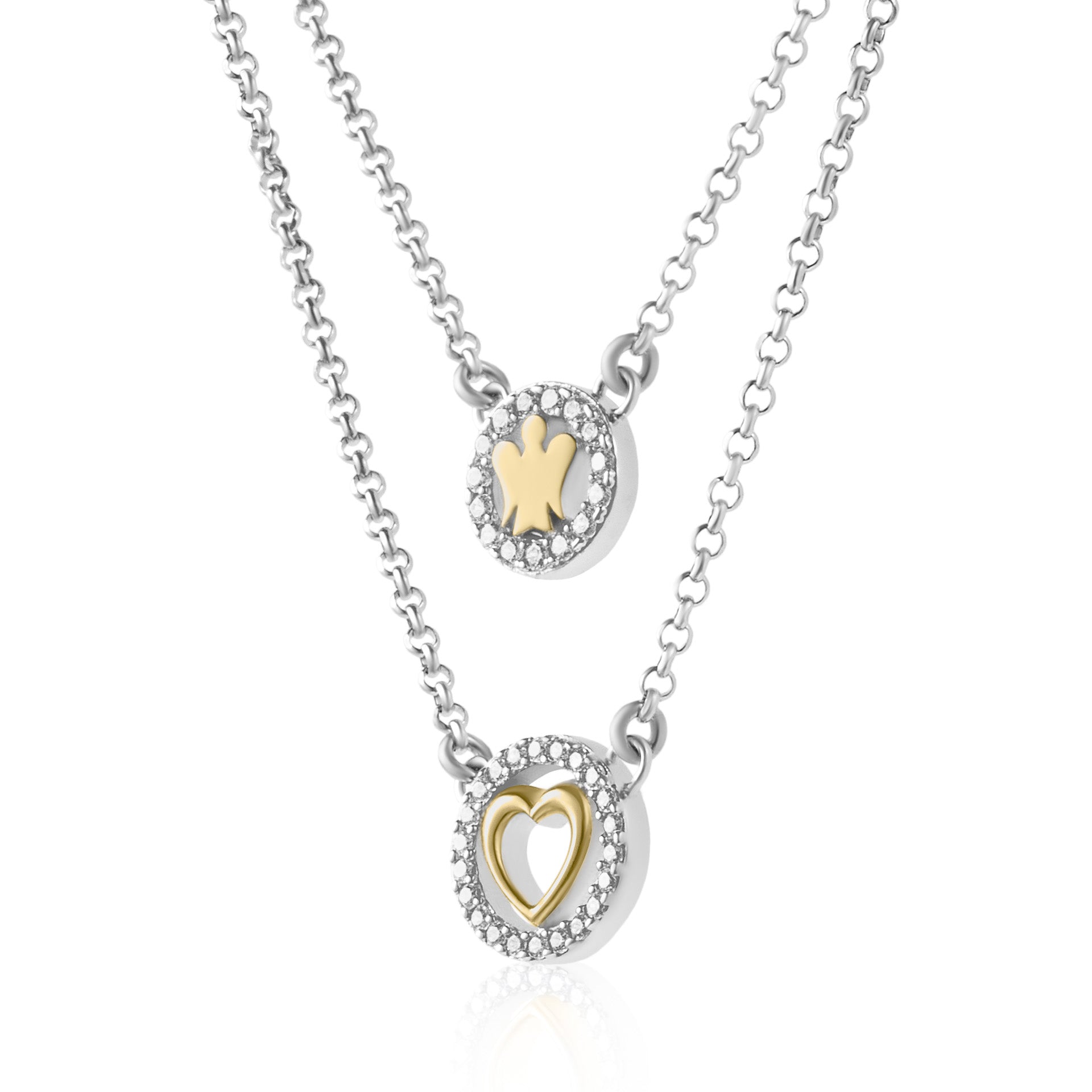 Collana doppia catena con angelo, cuore e zirconi