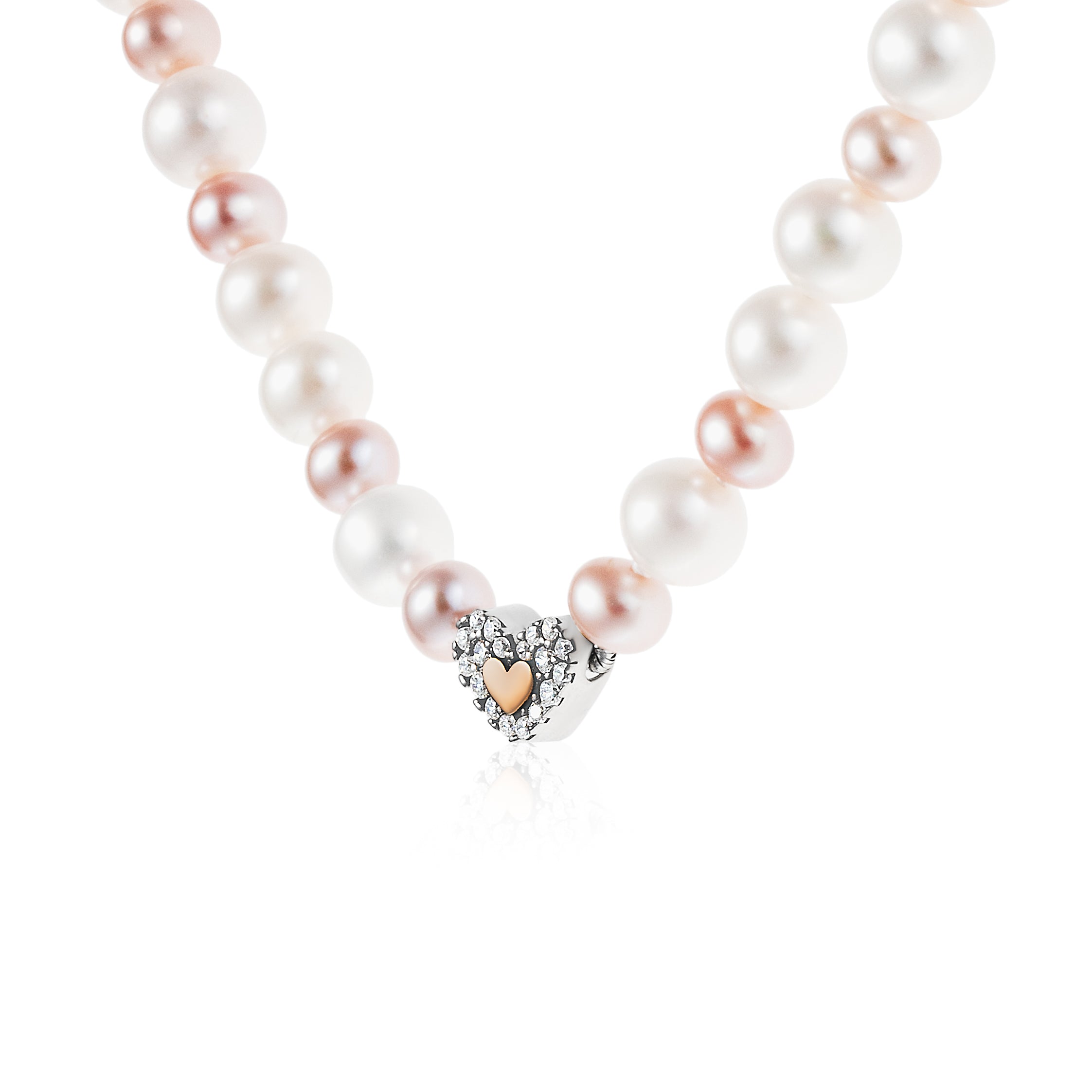 Collana di Perle Bianche e Rosa con Cuore e Zirconi in Argento Rosato