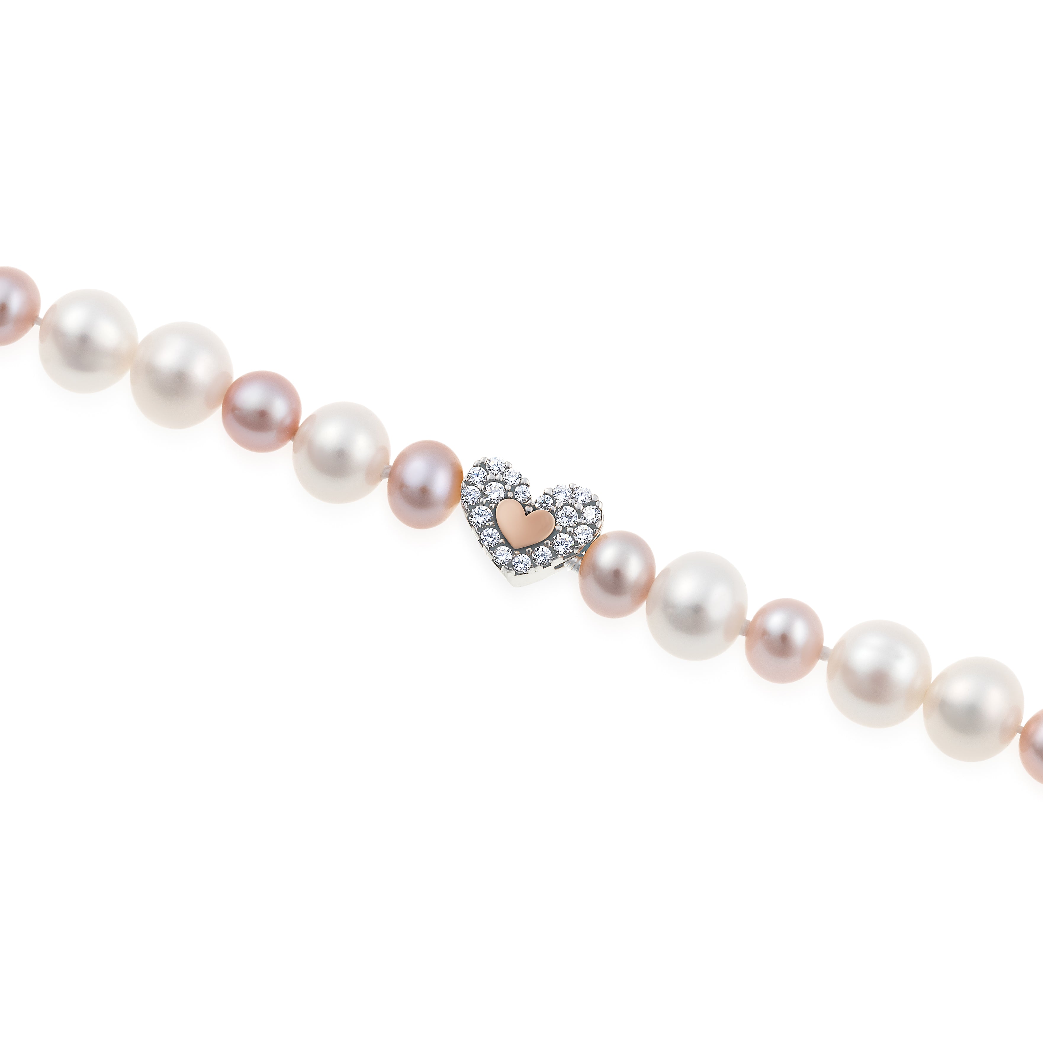 Bracciale di Perle Bianche e Rosa con Cuore e Zirconi in Argento Rosato