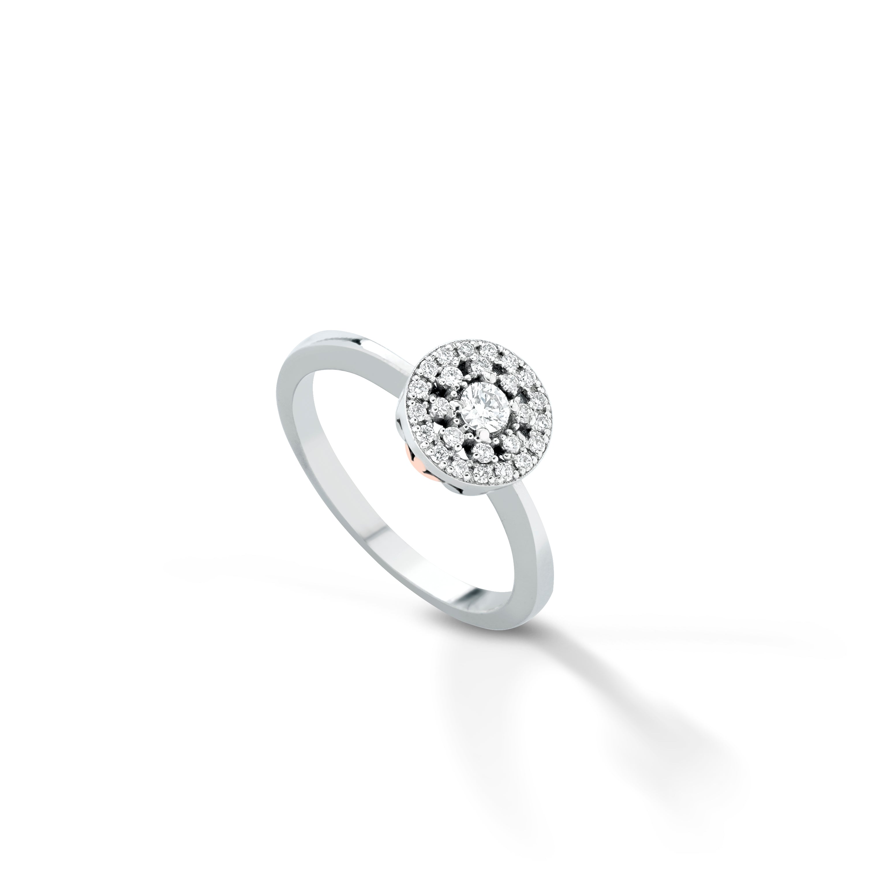 Anello in oro bianco con angelo in oro rosa e diamanti